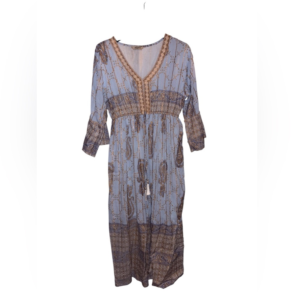 Refined Threads Blue Paisley Metallic Gold Boho Maxi Dress Size Large